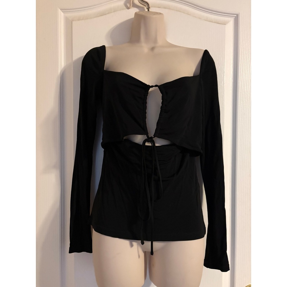 NWOT FRAME Noir Black Viscose‎ Cutout Tie Front Long Sleeve Top Size M